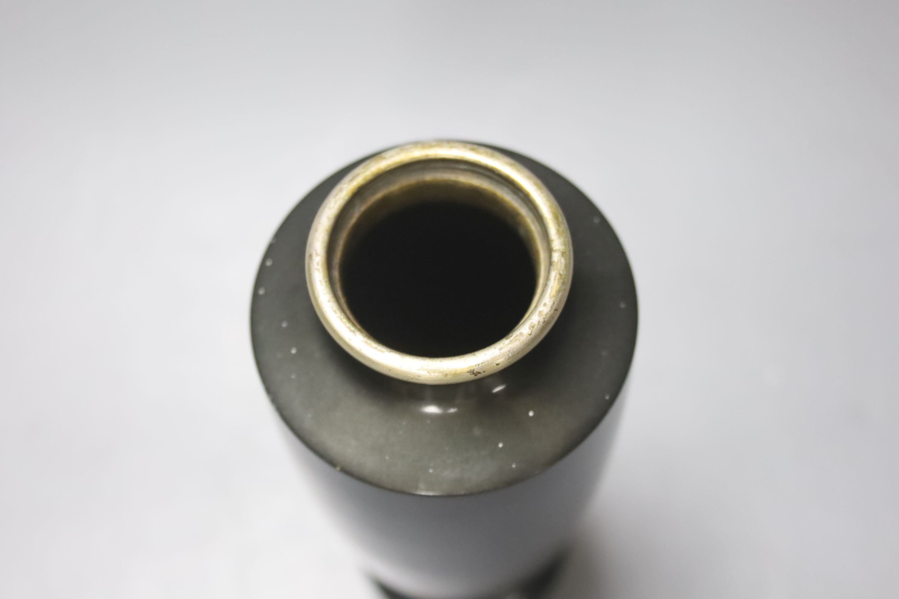 An early 20th century Japanese patinated bronze ‘bamboo’ vase, 18cm, wood stand
